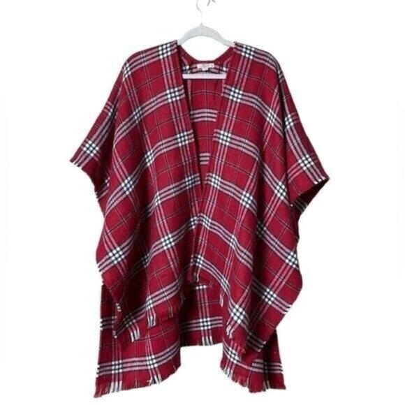 Ann Taylor Loft Plaid Wrap Poncho Size XXL Fringe Academia Cabincore Cot… - Picture 1 of 8